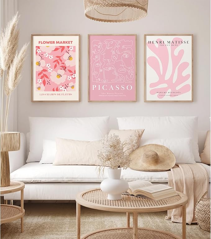 Matisse Abstract Wall Art Decor Pink Flower Canvas Pictures Picasso Aesthetic Wall Art Henri Matisse Prints Poster Abstract Flower Painting Market Artwork for Bedroom 12x16 Inch Unframed Set of 3