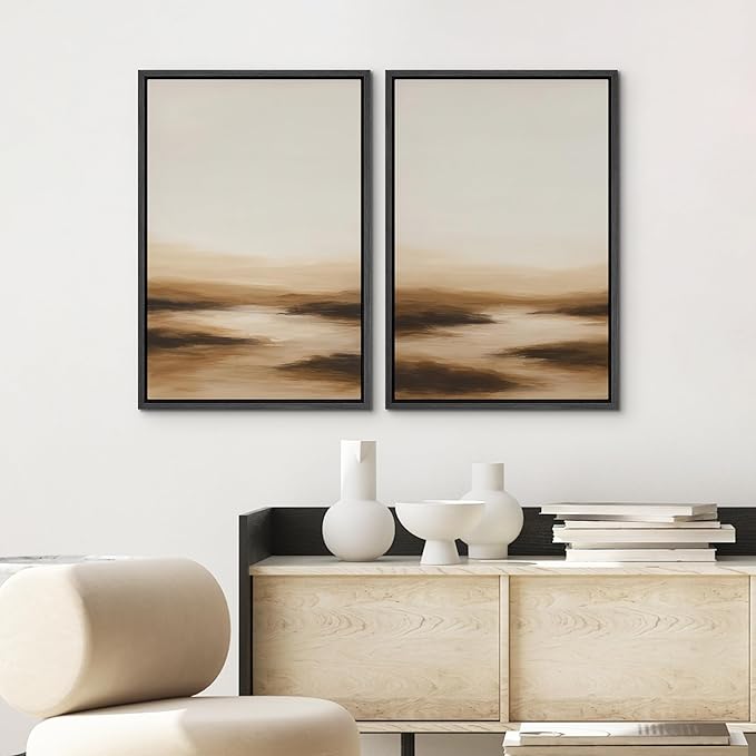 SIGNWIN Framed Canvas Print Wall Art Set Warm Brown Abstract Horizon Neutral Minimalist Landscape Illustrations Modern Art Decorative Multicolor for Living Room, Bedroom, Office - 24"x36"x2 Black