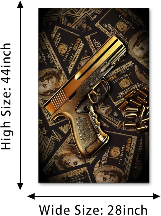 100 Bill Dollar Money Canvas Wall Art Inspirational Poster Golden Gun Picture Print Motivational Money Wall Decor for Office Home 28x44in