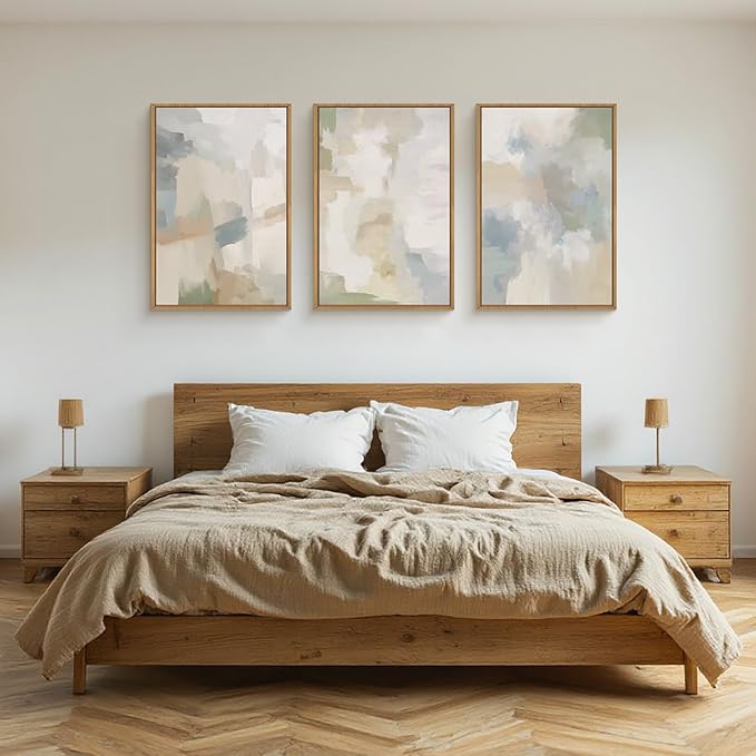 Large Abstract Gray Pastel Framed Canvas Wall Art Set,Neutral Watercolor Brush Stroke Wall Decor,Modern Minimalist Beige Illustration Artwork for Living Room,Bedroom,Dining Room -24"x36"x3