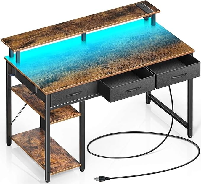 Rolanstar Computer Desk with Power Outlets & LED Light, 39 inch Home Office Desk with 3 Drawers and Storage Shelves, Writing Desk with Monitor Stand, Work Desk for Home Office,Rustic Brown