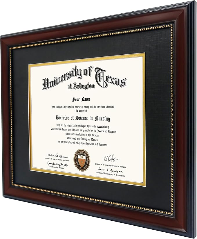 GraduationMall 8x10 Diploma Frame with Black over Gold Mat or Display 11x14 Document without Mat, Tempered Glass, Mahogany with Gold Beads