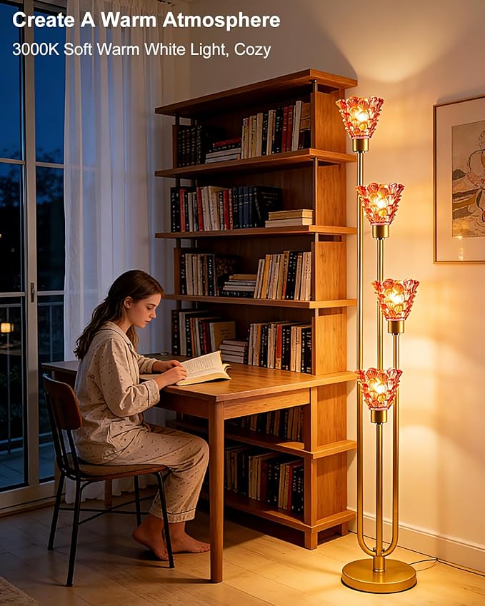 4-Light Modern Glass Floor Lamp, Gold Tall Standing Lamp with Pomegranate Red Flower Glass Shade, Dimmable LED Floor Lamp with Line Control for Living Room Bedroom, Bulb Included