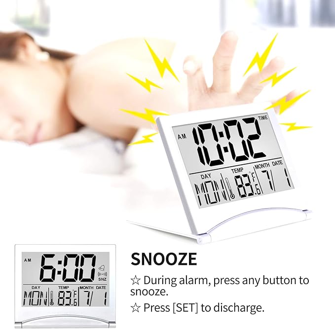 Betus Digital Travel Alarm Clock - Foldable Calendar Temperature Timer LCD Clock with Snooze Mode - Large Number Display, Battery Operated - Compact Desk Clock for All Ages (Silver Pack of 2)