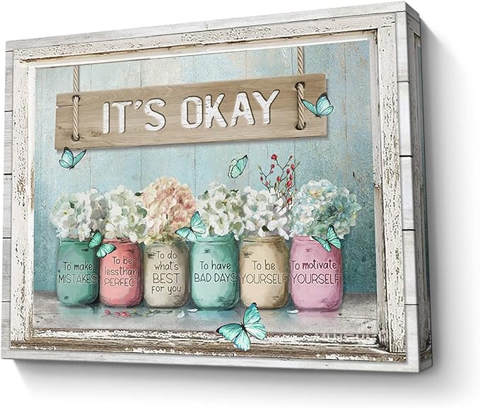 Parylore Inspirational It's Okay Canvas Wall Art Encouraging Bible Verses On Cute Marson Jars and Butterflies Teal Background Artwork for Bedroom Bathroom Office Home Decor 12x16 In