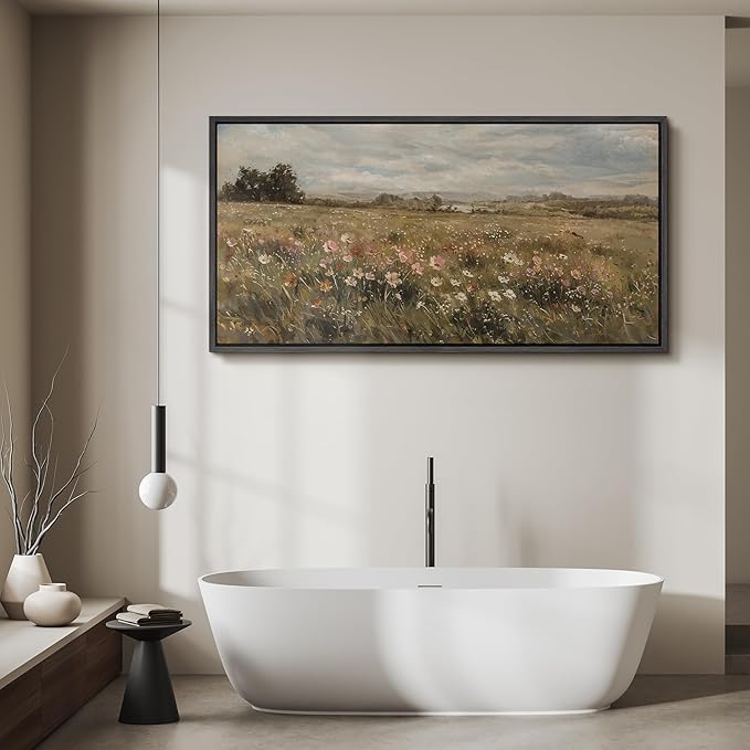 SIGNFORD Extra Large Framed Canvas Pastoral Flower Field Landscape Classic Illustrations Modern Art Calm Warm for Living Room, Bedroom, Office - 60"x30"
