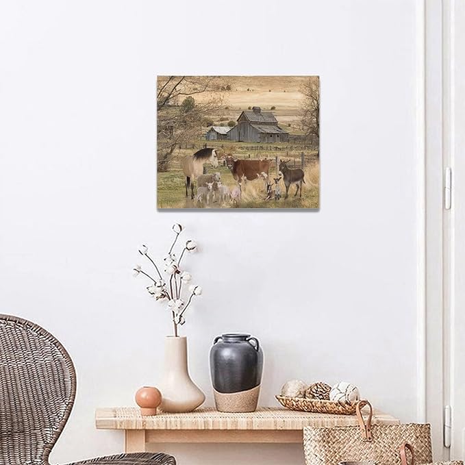 yerretin Farm Animal Wall Art Country Old Barn Pictures Wall Decor Rustic Canvas Print Farmhouse Landscape Painting Modern Home Artwork for Living Room Bedroom Bathroom Office Framed, 20"x16"