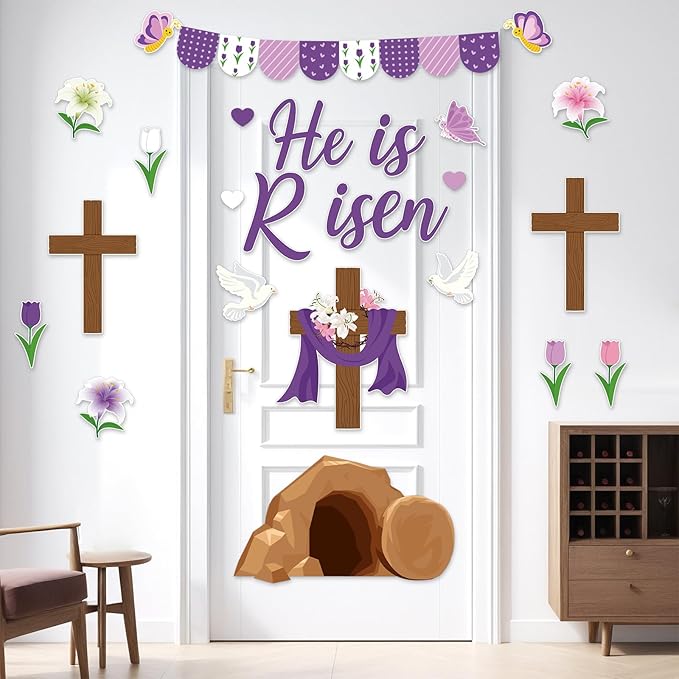 85Pcs Easter Bulletin Board Classroom Decorations Set He is Risen Christian Religious Bulletin Board Cross Flower Easter Cutouts Spring School Home Church Wall Door