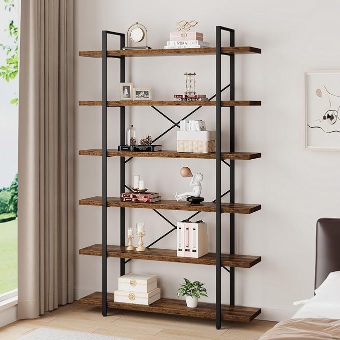 HSH 6 Shelf Tall Bookcase, Industrial Modern Large 6 Tier Bookshelf, Open Wood and Metal Display & Storage Rack,Farmhouse Bookcases and Book Shelves 6 Shelf for Bedroom Living Room Office,Rustic Brown