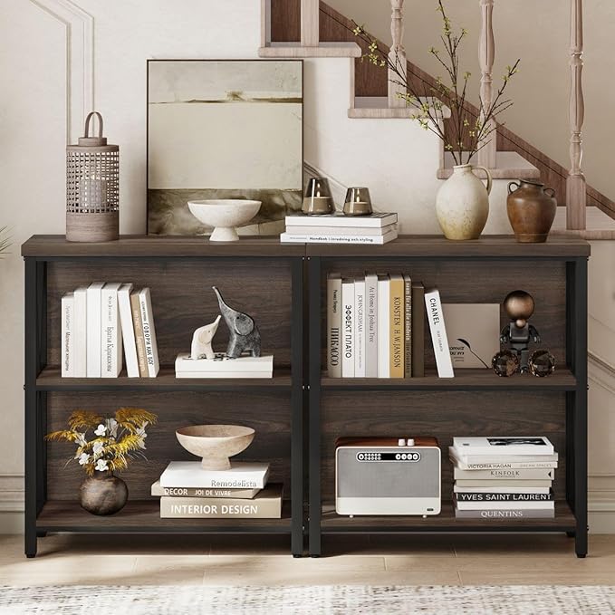 FATORRI Small Bookshelf, 3 Shelf Bookcase for Living Room, Low Short Bookshelf, Industrial Wood Book Shelf and Rustic Book Case for Small Space, Home Office (Dark Walnut)