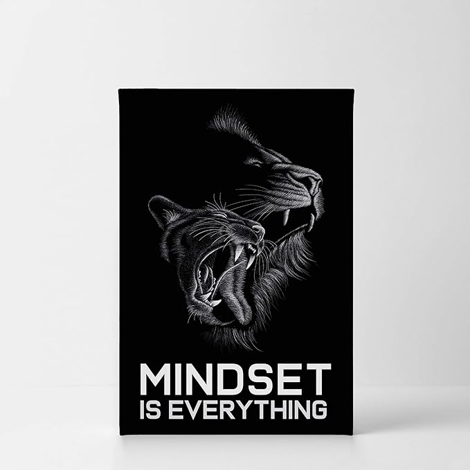 Smile Art Design Mindset is Everything Cat and Lion Sketch Drawing Art Motivational Wall Art Canvas Print Inspirational Entrepreneur Quote Canvas Print Modern Office Decor Gift Ready to Hang 12x8