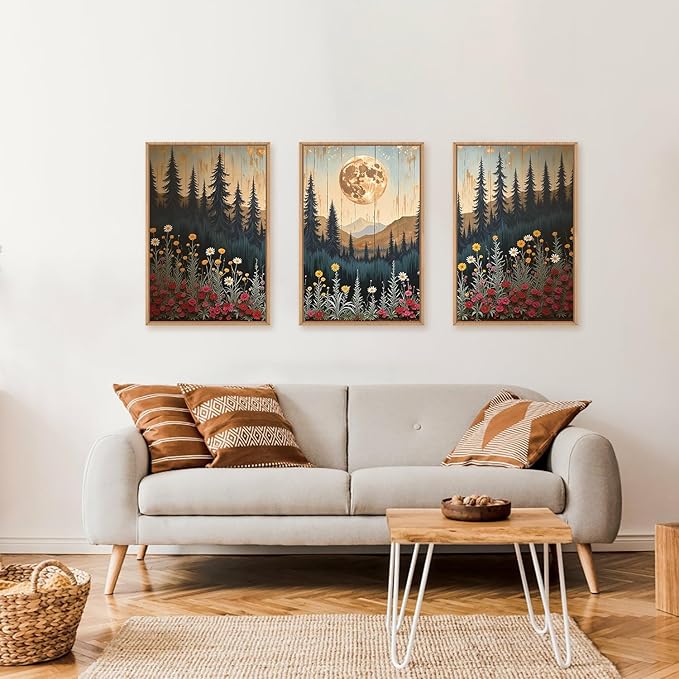 Ausril Vintage Moon Forest Framed Canvas Wall Art Set, Wildflower Forest Mountain Wall Decor, Nature Pine Tree Wall Painting, Colorful Floral Art Prints for Living Room, Bedroom, Office - 24"X36"X3