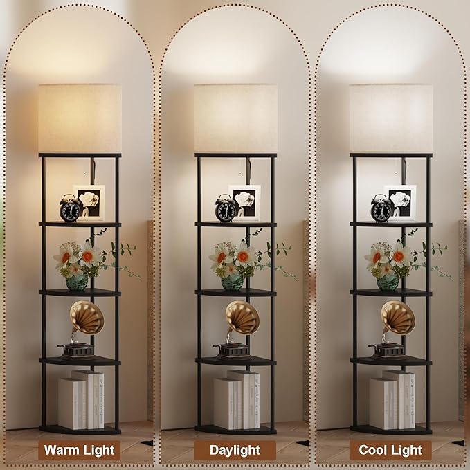 Floor Lamp with Shelves, Modern 5 Tier Corner Shelf Lamp with 3 Color Temperature Bulb, Storage Home Decor Organizer Shelves for Bedroom Living Room, Black