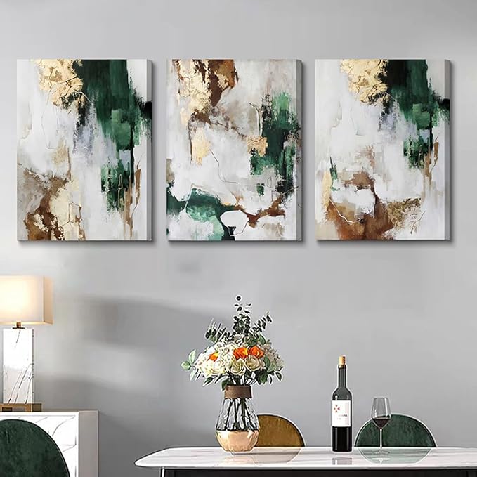 3Pcs Framed Green and Gold Canvas Wall Art Abstract Posters Print Brown and Gray Line Pictures Decor for Living Room Bedroom Bathroom Home Decoration