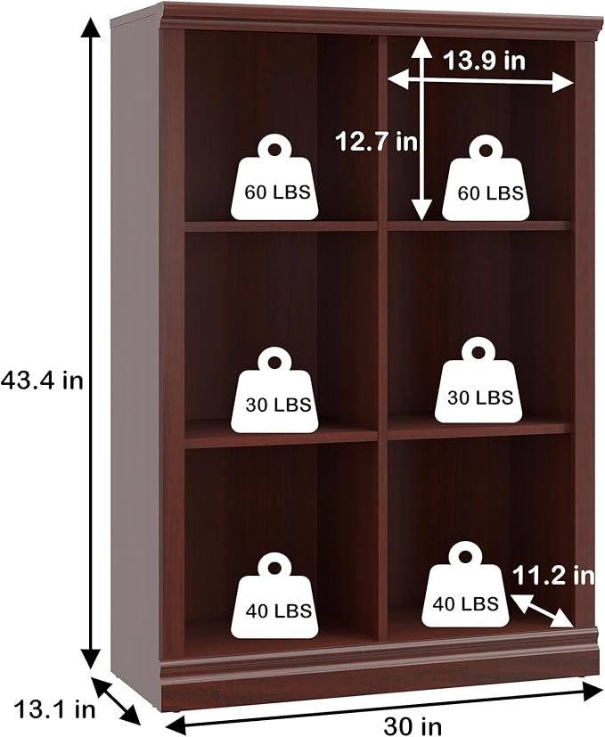 6 Cube Storage Organizer - 3 Tiers 6 Storage Cube Adjustable Space Book Case, Display Cabinet Organizer with Bookcase, 30 inch Width Horizontal Bookshelf for Home Library Office, Mahogany