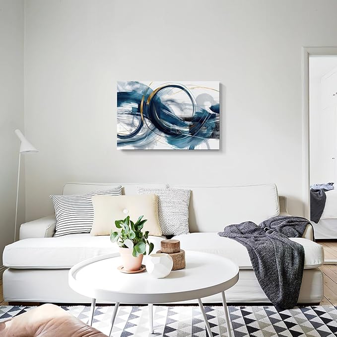 gaosoul Modern Abstract Canvas Wall Art Dynamic Blue Gold Lines Doodled on White Background Paintings Framed Minimalism Artwork Prints for Living Room Bedroom Office Decor 30x20in