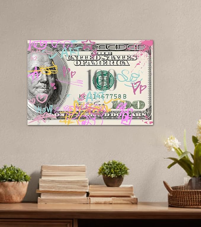 Money Buys Freedom Motivational Wall Art for Office Workplace Canvas Paintings Graffiti 100 Dollar Artwork Wooden Framed Easy to Hang-12x16 inches