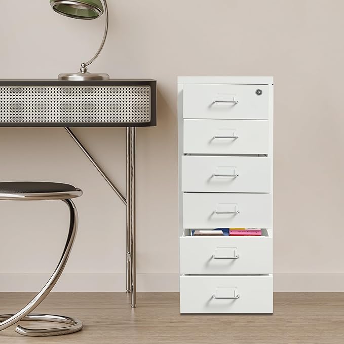 6 Tiers Metal File Cabinet with 6 Drawers Vertical Filing Cabinet with Lock & Wheels Freestanding Locking Storage Cabinet for Home Office, 11 * 16 * 27in (White)