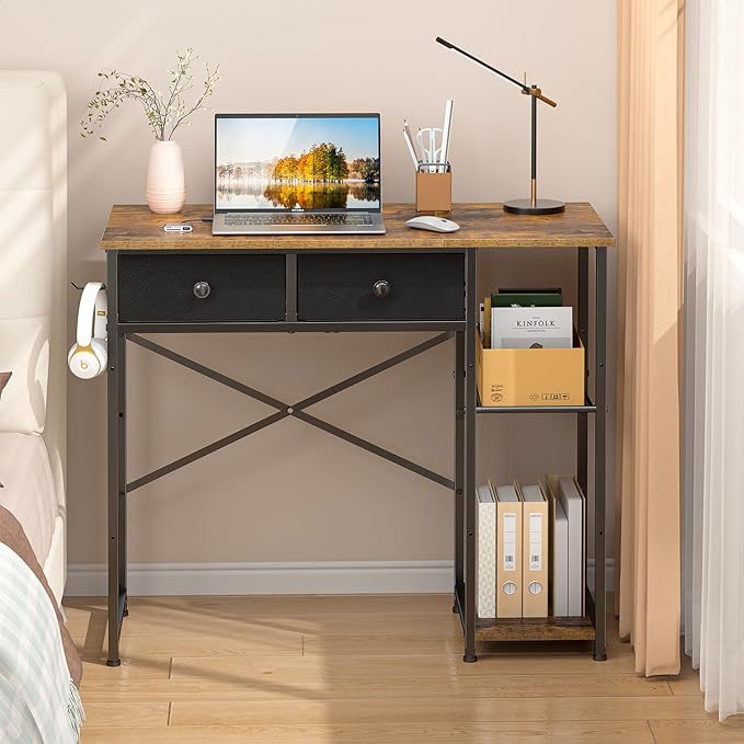 Small Computer Desk, 36 Inch Writing Desk with Drawers & Storage Shelves, Home Office Writing Desk for Small Spaces, Bedroom, Living Room, Dorm, Rustic Brown