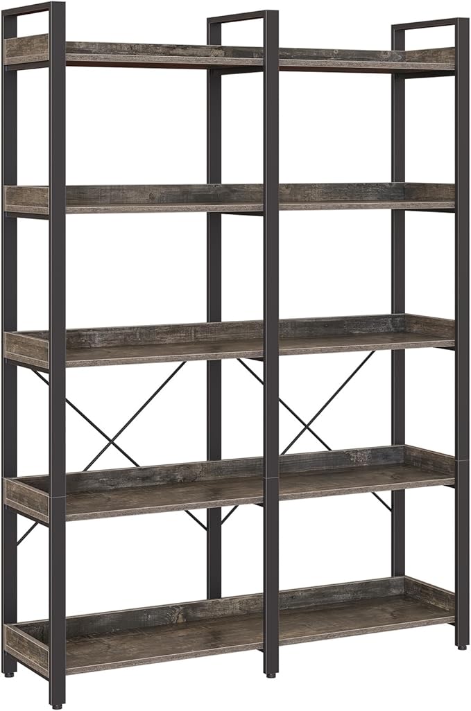Seventable Bookshelf 5 Tier with 4 Hooks，63”Industrial Wooden Bookcase, Vintage Storage Rack with Open Shelves, Rustic Standing Bookshelves Metal Frame 43.3” Wide Display Rack, Gray
