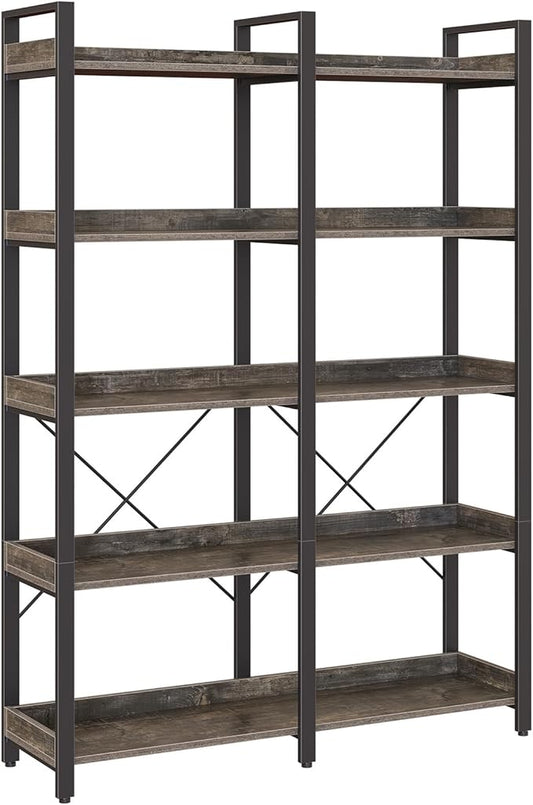 Seventable Bookshelf 5 Tier with 4 Hooks，63”Industrial Wooden Bookcase, Vintage Storage Rack with Open Shelves, Rustic Standing Bookshelves Metal Frame 43.3” Wide Display Rack, Gray