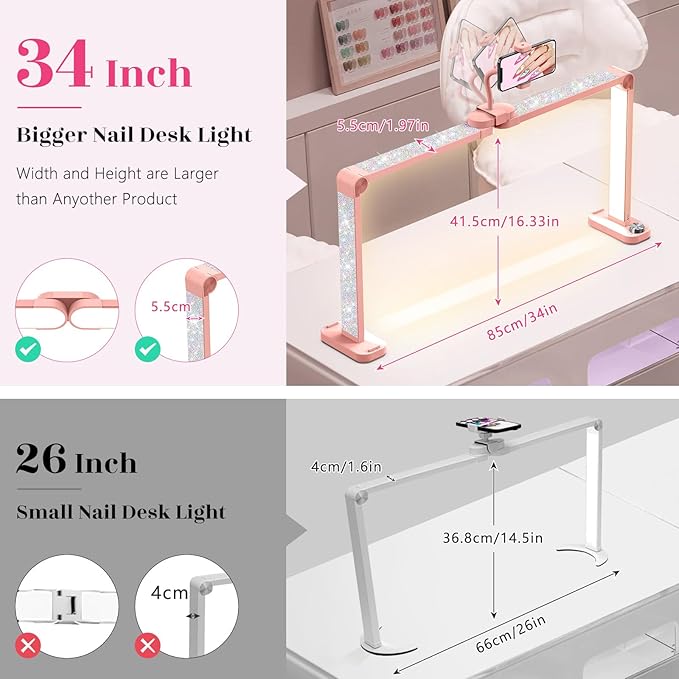 Yokilly 48W Half Moon Light: 34" Shadow-Free Half Moon Light for Desk Salon - Foldable LED Desk Lamp with Stepless Brightness 3000K-6500K for Manicurist Nail Tech (Pink Diamond, Large)