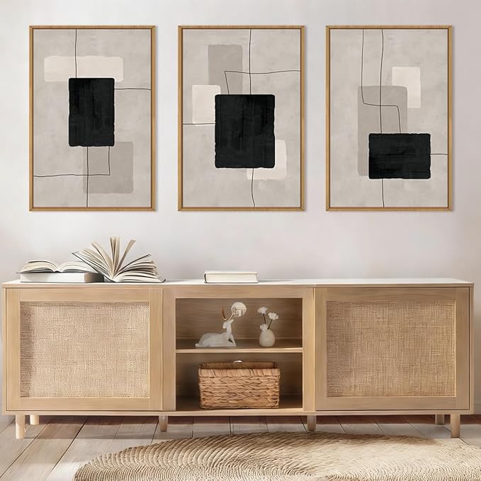 ANHUIB Modern Abstract Wall Art Canvas,Neutral Abstract Wall Art Framed,Contemporary Minimalist Prints,Geometric Line Artwork,3 Piece 24 * 36IN Mid Century Painting for Living Room Bedroom Office