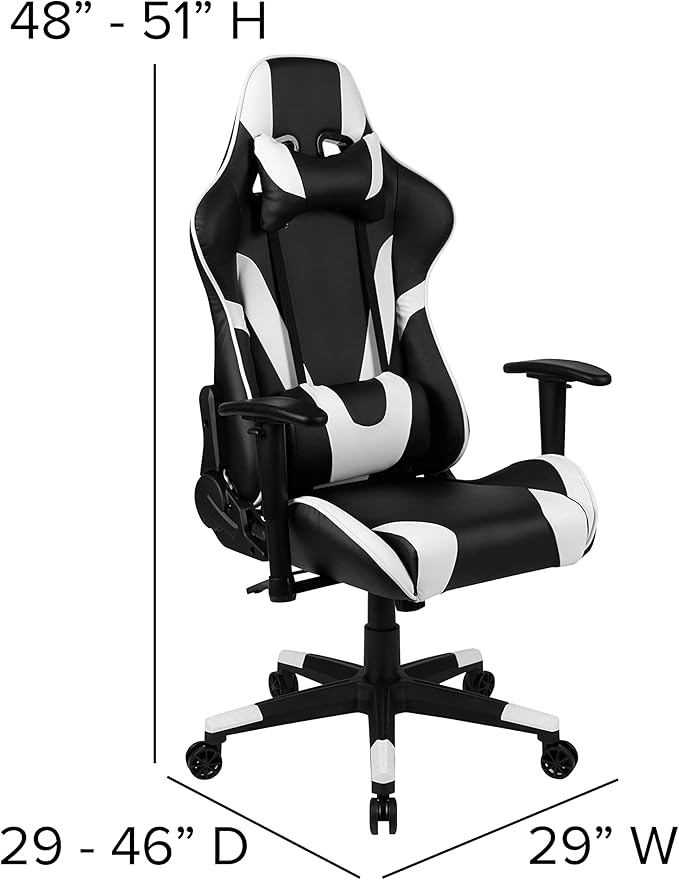 Flash Furniture X20 Fully Reclining LeatherSoft Racing Style Gaming Chair with Headrest, Lumbar Pillows, Ergonomic Swivel Computer Chair, Black/White