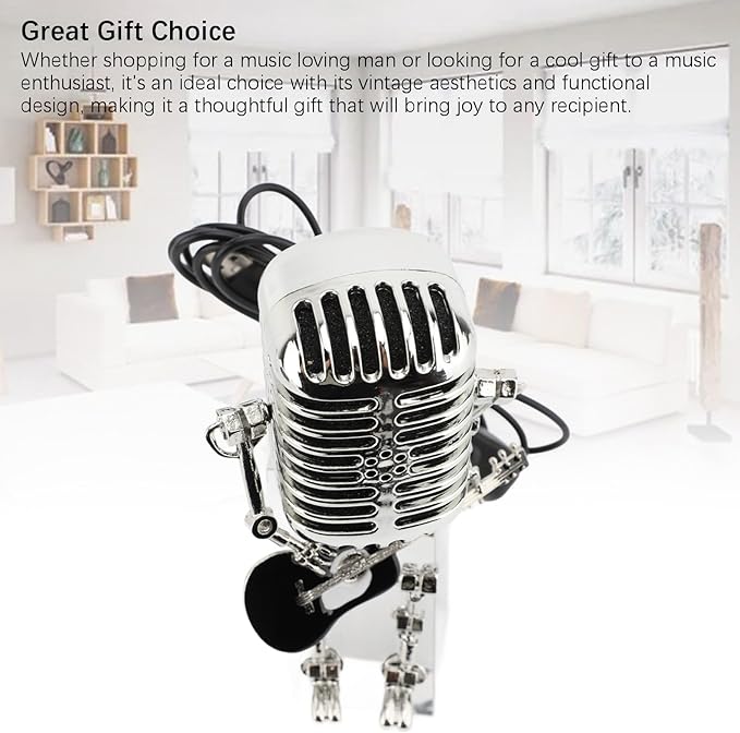 ZJchao Vintage Microphone Guitar Robot Table Lamp Aluminum Retro Metal Robot Night Light for Bedroom Desk Home Decor (Black)