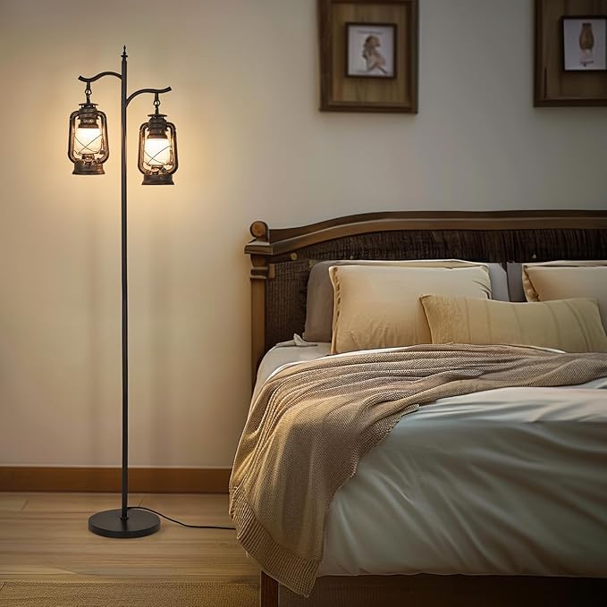 3-Way Lighting Dual Head Farmhouse Floor Lamp, Heavy-Duty Metal Farmhouse Design with Rock-Solid Base, Vintage Standing Lamp for Living Room, Bedroom - Rustic Black Brown Finish