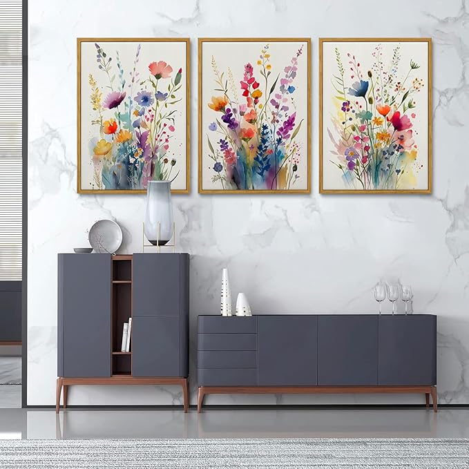KISSFOX Framed Colorful Wildflower Canvas Wall Art Set Of 3 Flowers Pictures Prints Flowers Printing Floral Watercolors Flower wall Decor Living Room Girls Bedroom Bathroom