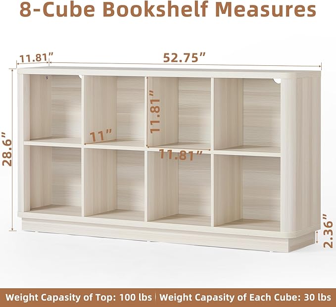 8 Cube Storage Bookcase, 52" Long Horizontal Book Shelf w/Curved Edge, Wood Low 2-Tier Cubby Console Bookshelf with Base, Modern Floor Standing TV Stand for Living Room, Gray-White Cream Oak