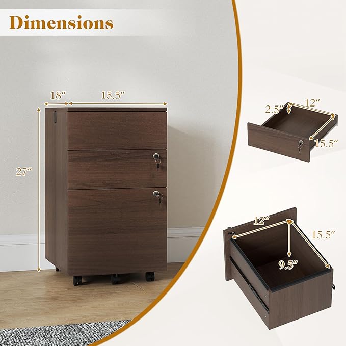 LOKO Mobile File Cabinet with 3 Drawers, Wooden Rolling Filing Cabinet with Lock, Under Desk File Organizer for A4/Letter/Legal Size, for Home Office, Study (Brown)