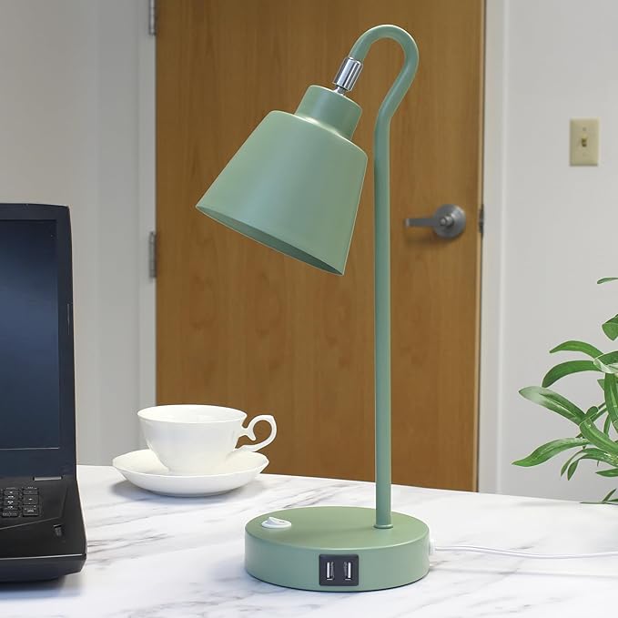 Simple Designs LD1073-SGE 16" Sleek Essentials Metal Looped Desk Task Lamp with Adjustable Shade and Dual USB Ports, for Office, Desk, Nightstand, Sage Green