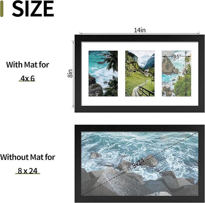 8x14 Collage Picture Frame, 4x6 Picture Frame Collage Frame Display 3 Pcs 4x6 Photos with Mat, or 8x14 Without Mat for Wall Decor - Horizontal or Vertical Wall Mounting, Black (2 Pack)