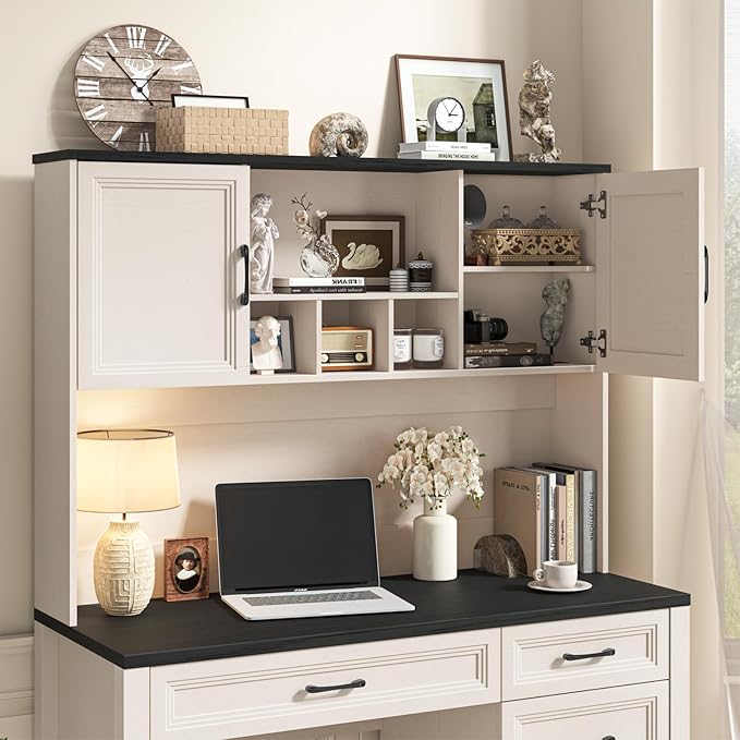 Farmhouse Executive Desk with 4 Drawers and Storage Cabinet, Rustic Large Home Writing Desk with Hutch, Workstation for Bedroom, Black.