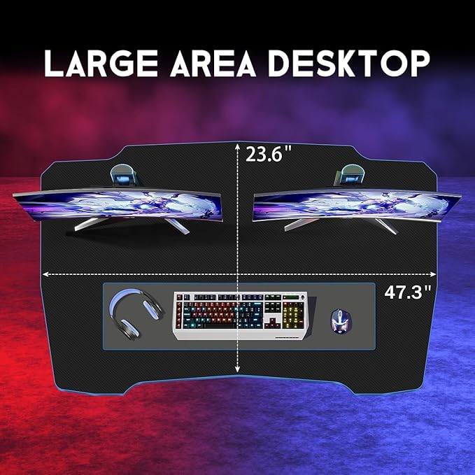 Z-Shaped Gaming Computer Desk - 47" Large Gaming Table with Carbon Fiber Surface, Sturdy Metal Frame, Blue