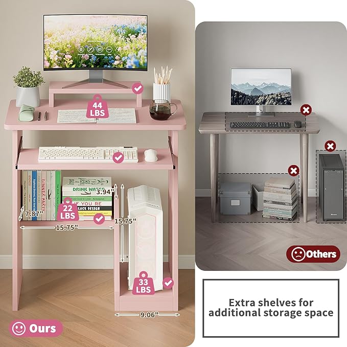 ALISENED 30" Small Computer Desk with Keyboard Tray Monitor Stand, Study Writing Desk with Storage Shelves, Modern Workstation for Small Spaces, Save Space, Pink