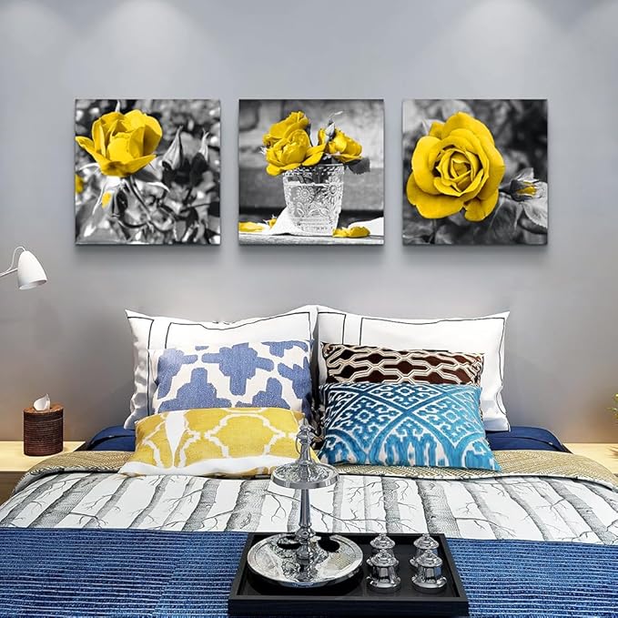 Lapremoly Wall Decor For Bedroom Canvas Wall Art For Kitchen Restaurant Black And White Wall Painting Yellow Rose Pictures Print Art Ready To Hang Girls Gift Room Modern Home Decoration 16"X16"