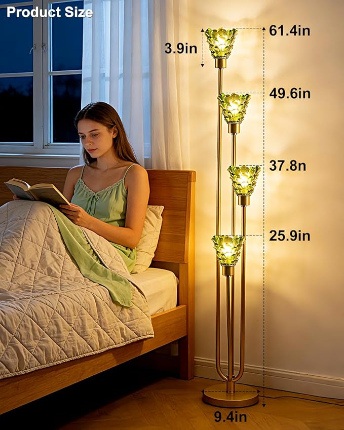 63IN 4-Lights Glass Floor Lamp Modern Dimmable Floor Lamps with Green Glass Shade& 3000K Soft Warm White Bulbs for Wedding/Party, Gold Tall Standing Lamp for Living Room/Bedroom