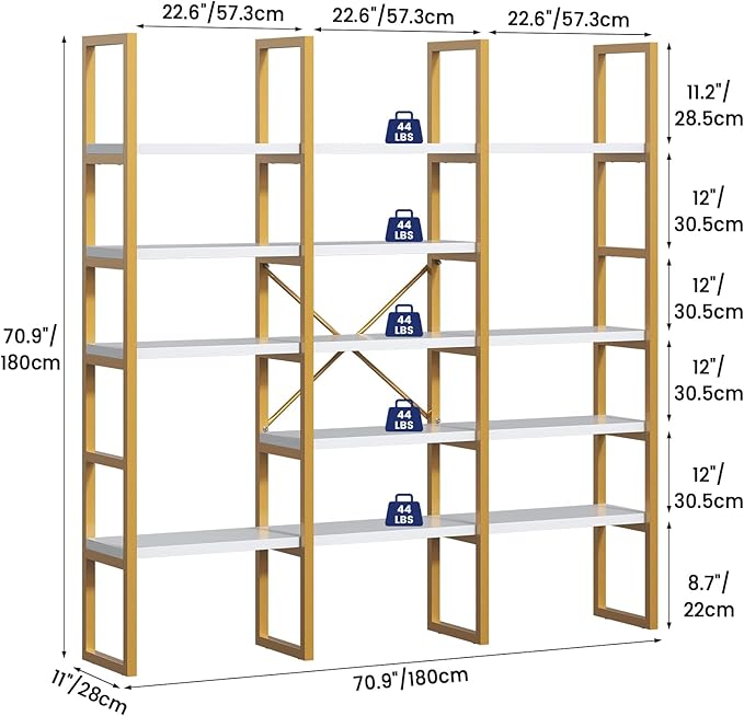 Jehiatek Gold Bookshelf 5 Tiers, Geometric Bookcase, 71"L x 71"H Tall Etagere Book Case, Sturdy Metal Frame, Freestanding Display Shelving Unit for Home, Office, Library