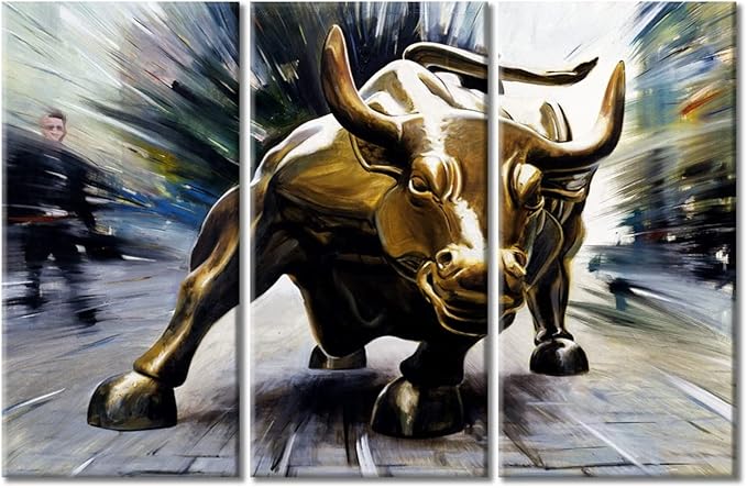 3 Panel Canvas Wall Art Prints Wall Street Bull Painting Artwork for Walls Framed Canvas Printed Modern Artwork Wall Decoration for Living Room Room Bedroom Gallery-Wrapped - 60" Wx40 H