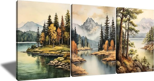 3 Pieces Forest Canvas Wall Art Home Decor Posters Print Mountain Trees Lake Beautiful Autumn Landscape HD Picture Painting Artwork for Living Room Hotel Workplace Stretched and Framed [60''Wx28''H]