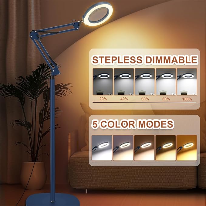LANCOSC 10X Magnifying Glass with Light and Stand, 3-in-1 Adjustable Swing Floor Lamp, 5 Color Modes Stepless Dimmable, LED Lighted Hands Free Magnifier & Clamp for Reading, Crafts, Painting - Blue