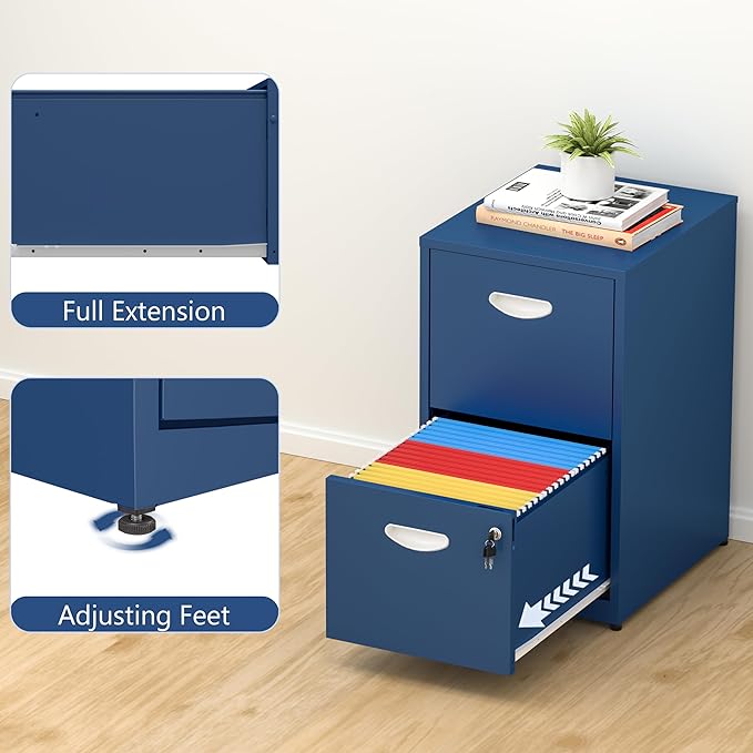 2 Drawer File Cabinet with Lock,Blue Small Filing Cabinet for Home Office,Metal Vertical File Under Desk Cabinets for A4/Letter,Assembly Required