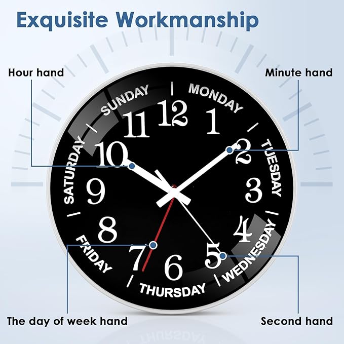 12 Inch Day of Week Wall Clock, Non Ticking Modern Clocks Battery Operated，Analog Day Clock for Seniors Eldly，Classic for Office Home Classroom Bedroom School,Unique Gift Clock