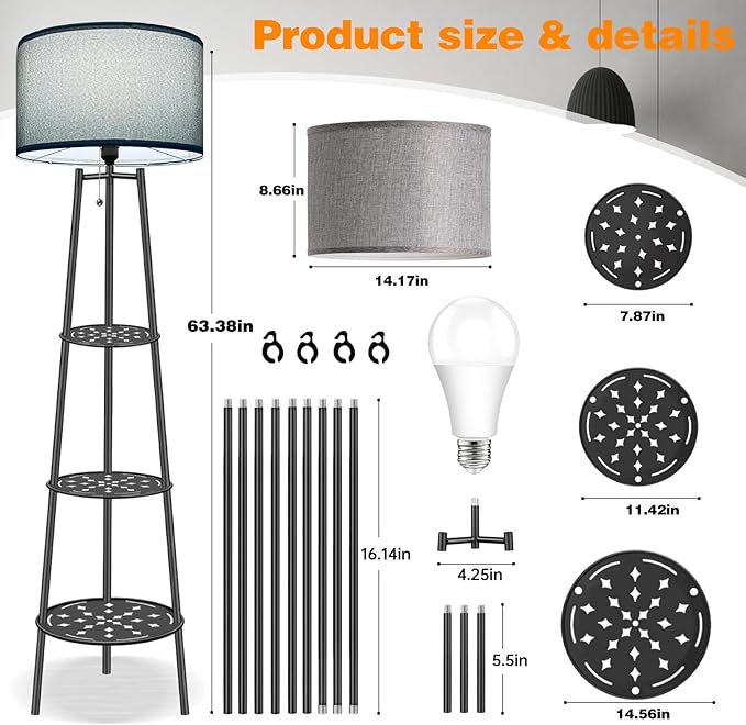 Floor Lamp with Shelves, Modern Standing Lamp with 3 Color Temperature LED Bulbs, Corner Floor Lamps for Living Room & Bedroom, Lamparas Elegantes para Sala (Gray Lampshade, 1)