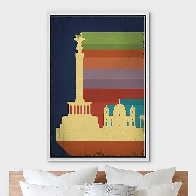 IDEA4WALL Framed Canvas Print Wall Art Retro Vintage Berlin Germany Poster Cultural Building Illustrations Modern Art Contemporary Scenic Warm for Living Room, Bedroom, Office - 24"x36" WHITE