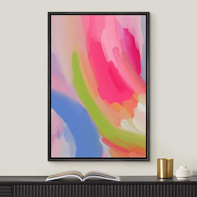 MUDECOR Framed Canvas Print Wall Art Vibrant Hot Pink Pastel Watercolors Abstract Shape Illustrations Modern Art Decorative Bohemian Colorful Chic for Living Room, Bedroom, Office - 24"x36" Black