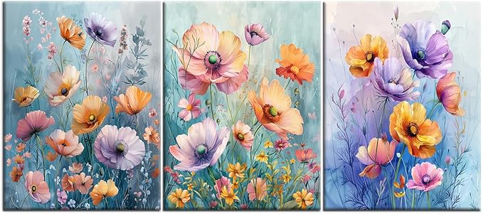 Floral Canvas Wall Art Colorful Abstract Wildflower Purple Daisy Flower Green Leaves Picture Print Plant Theme Posters Painting Artwork for Bedroom Bathroom Wall Decor Ready to Hang [36''W x 16''H]